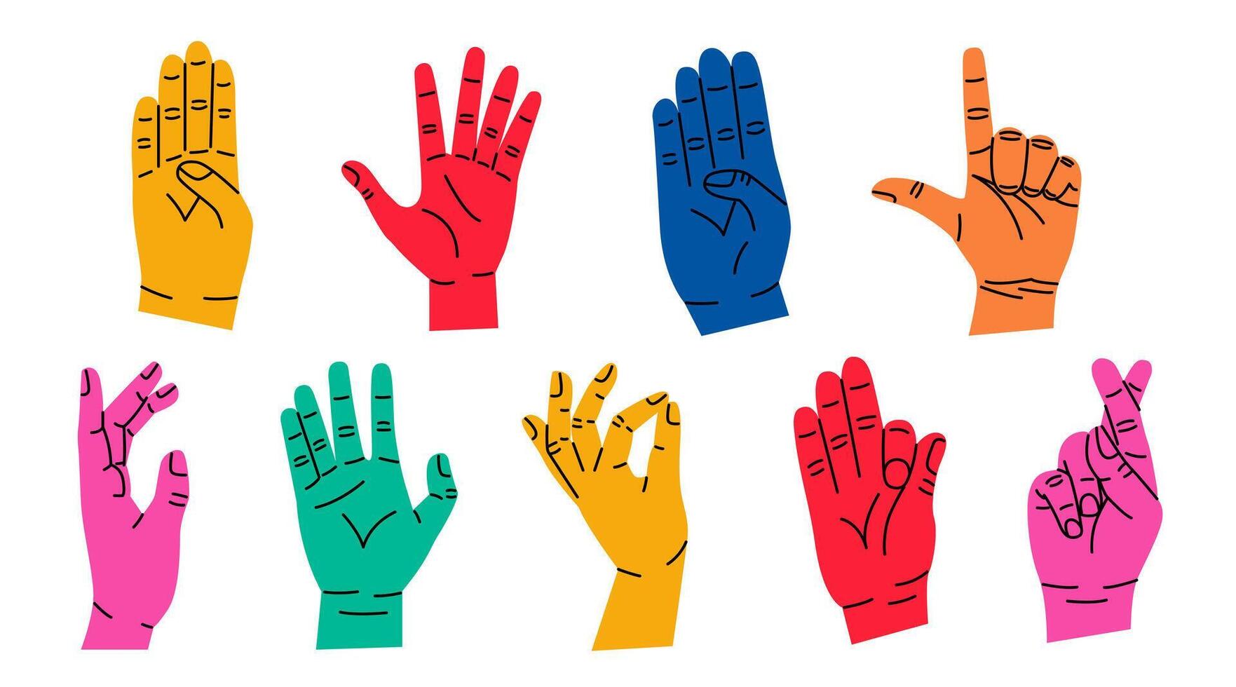 Set of colorful hands with different gestures. Modern trendy flat cartoon style. Hand drawn vector illustration. Hands show different signs and symbols. Body language for communication