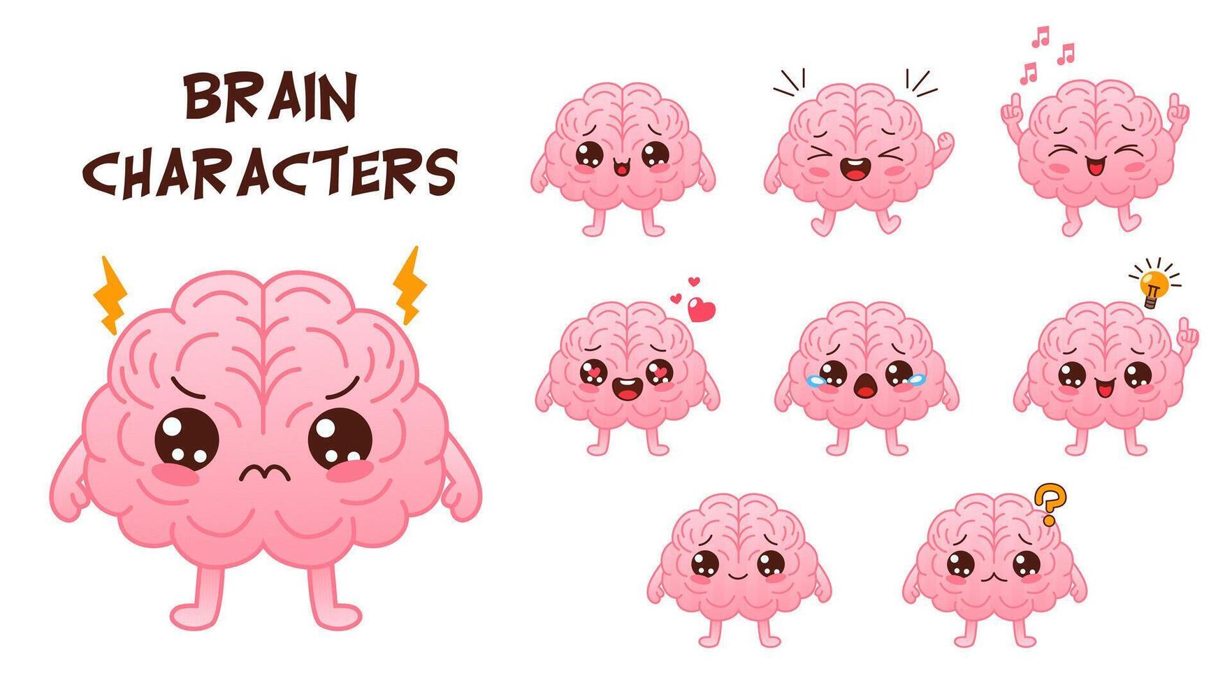 conjunto de linda rosado de colores cerebro caracteres con diferente emoción en un blanco antecedentes. plano estilo dibujos animados cerebro personaje diseño. vector mascota ilustración humano Organo icono diseño