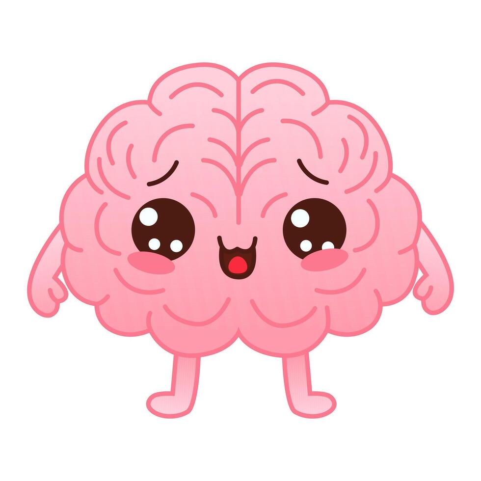 Cute pink colored happy brain character on a white background. Flat style cartoon brain character design. Vector mascot illustration human organ icon design