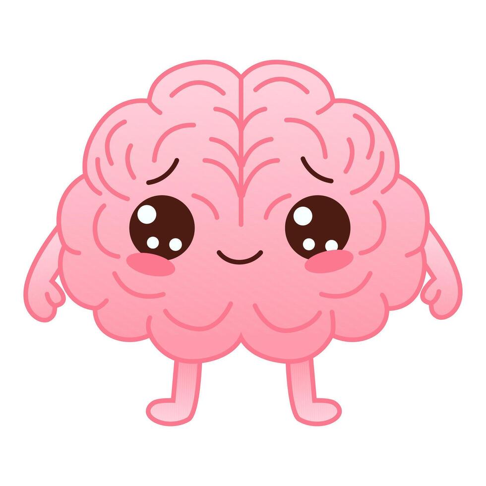 Cute pink colored brain character with smiling on a white background. Flat style cartoon brain character design. Vector mascot illustration human organ icon design