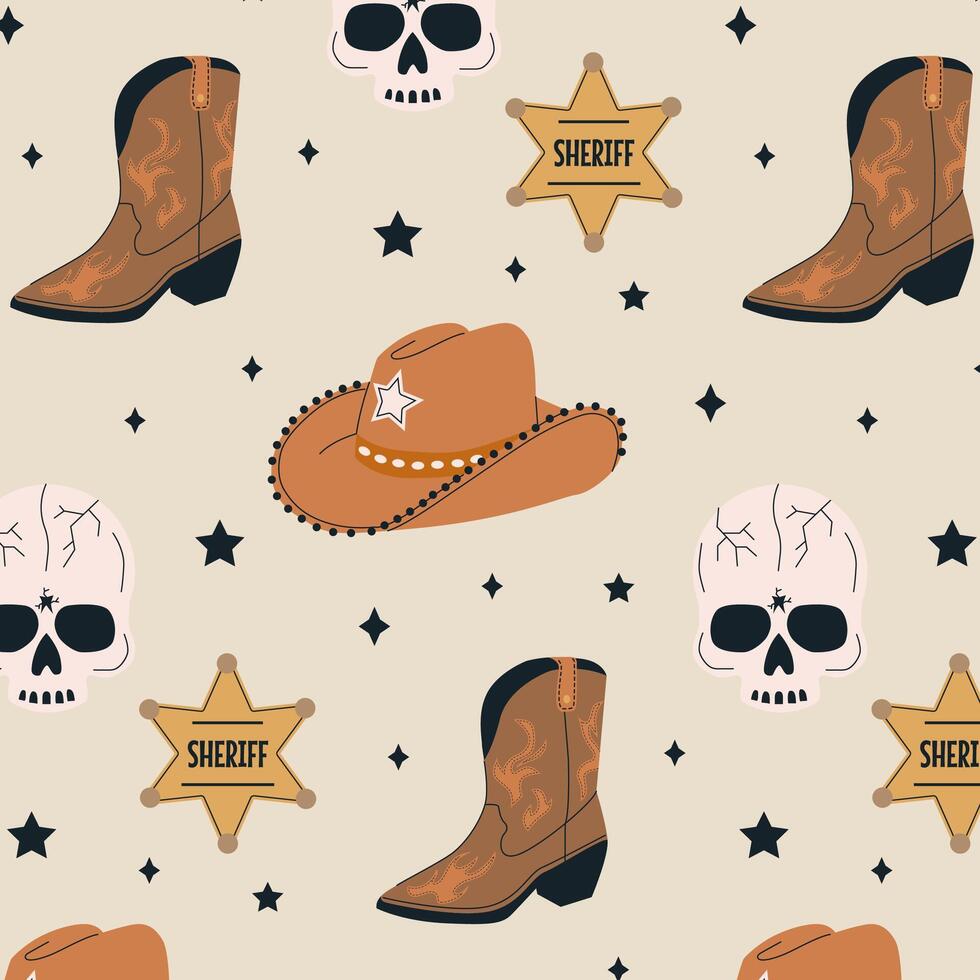 Pattern vector cowboy accessories and attributes. Collection of retro elements. Cowboy Western and Wild West theme. Set of cowboy hat, boots, cactus, lasso, cow skull, horseshoe, saddle, feather.