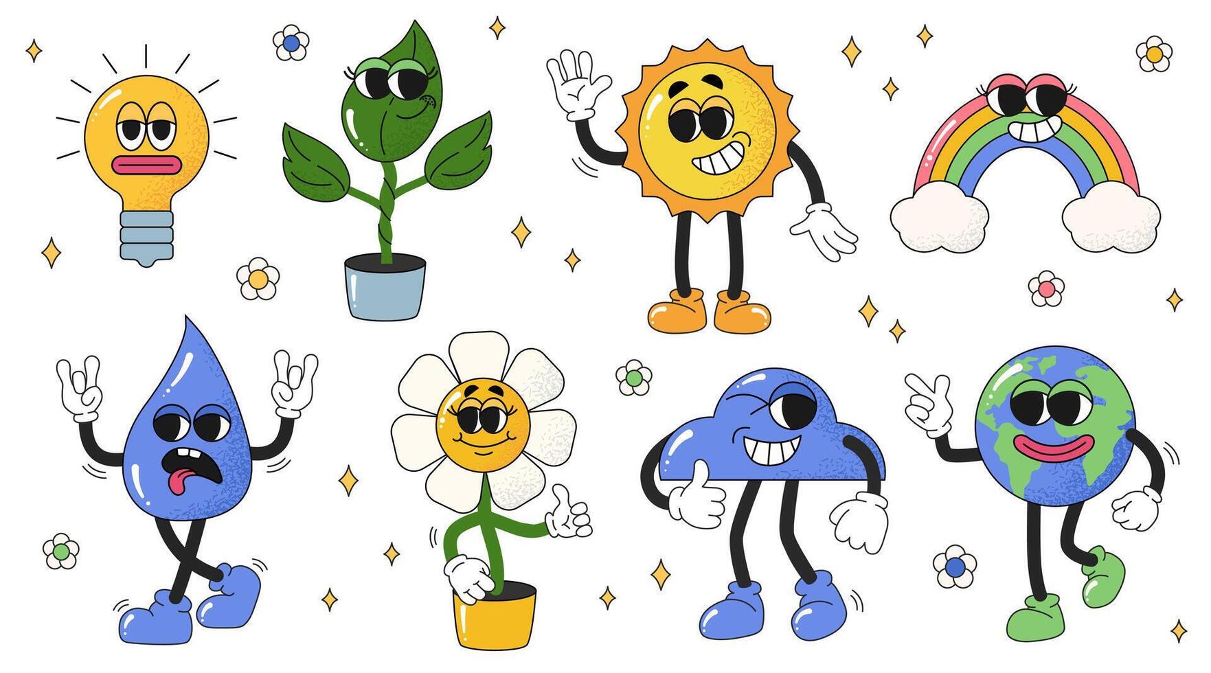 Set of various eco characters in groovy retro style. Earth Day ellements in trendy cartoon style. Funny vector mascot of planet Earth, flower, sun, cloud, drop of water, rainbow, leaf, light bulb.