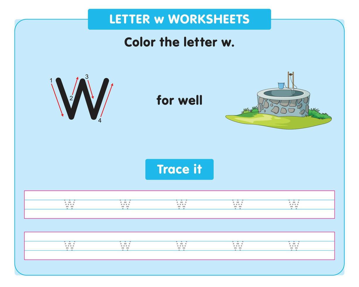 alphabet tracing worksheet with small letter w vector