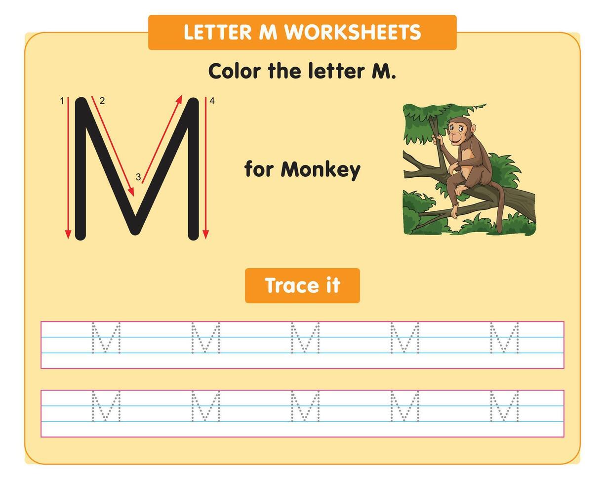 alphabet tracing worksheet with capital letter M vector