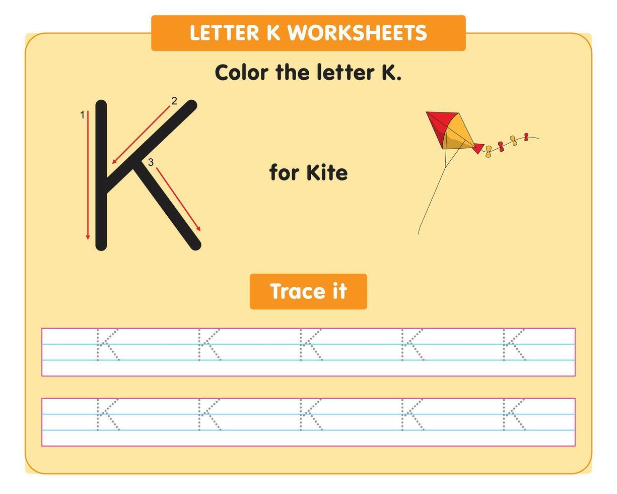 alphabet tracing worksheet with capital letter K vector