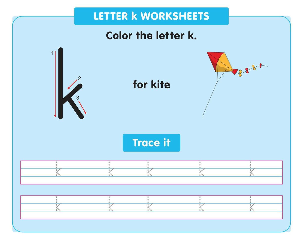 alphabet tracing worksheet with small letter k vector