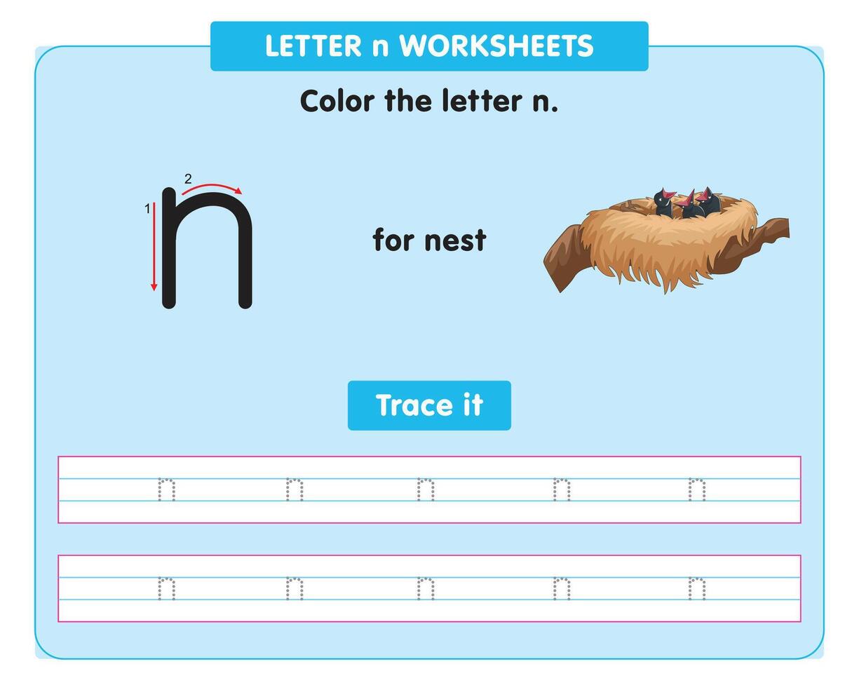 alphabet tracing worksheet with small letter n vector