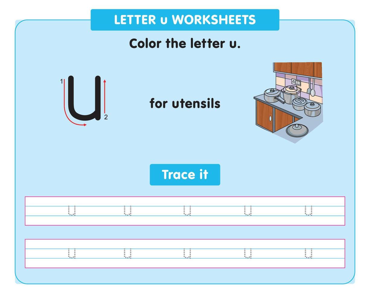 alphabet tracing worksheet with small letter u vector