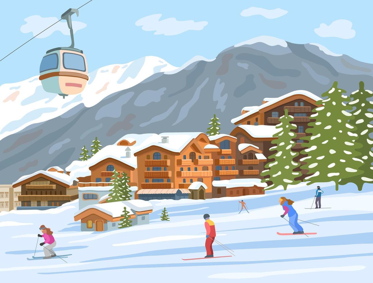 courchevel en el invierno. personas son esquiar. esquí complejo. vector plano ilustración