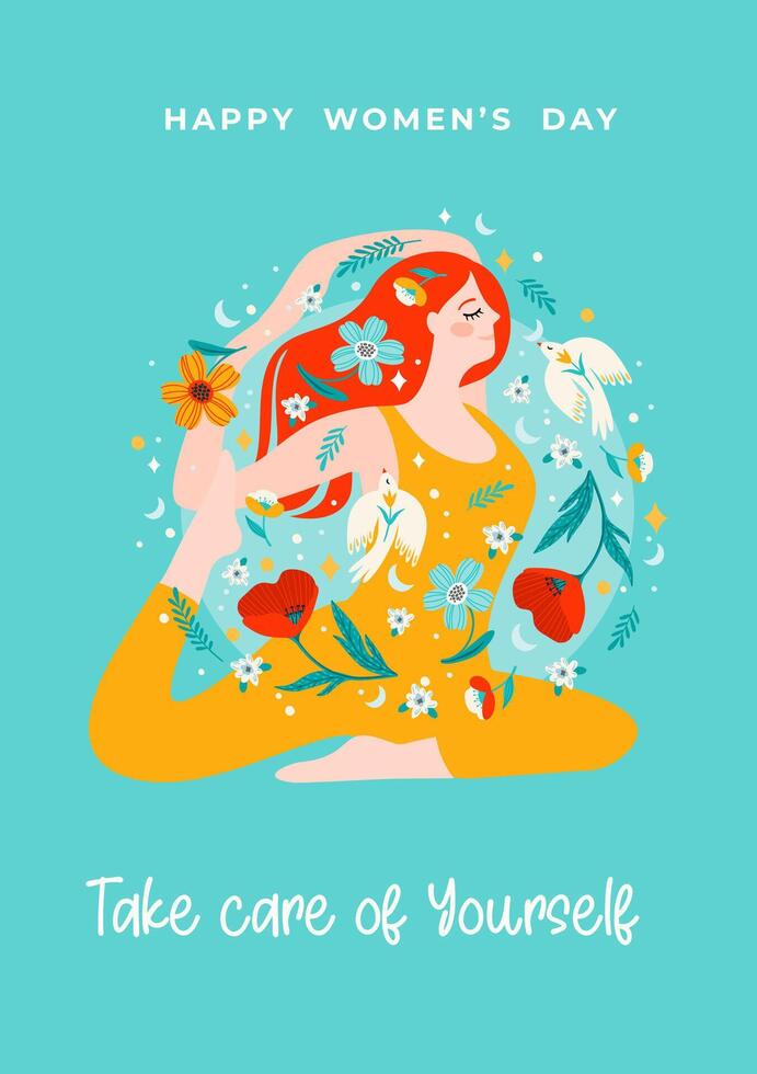 Illustration with woman doing yoga, flowers and birds. Vector design concept for International Women's Day and other use