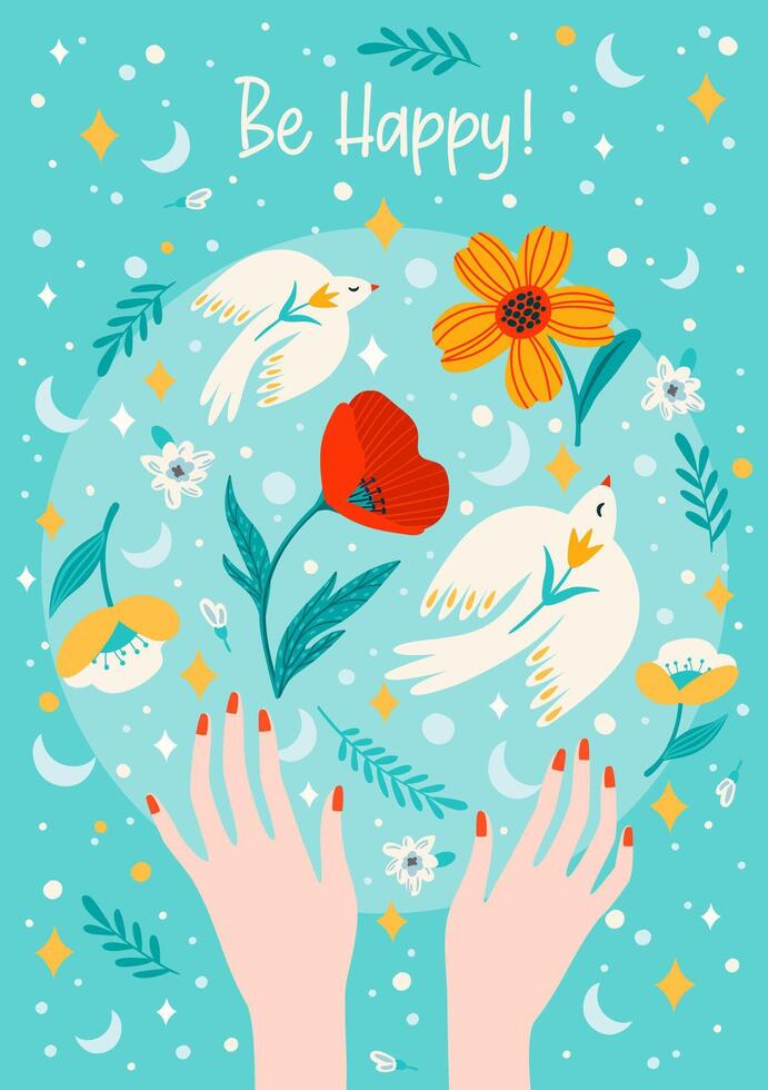 Illustration with female hands, flowers and birds. Vector design concept for International Women's Day and other use
