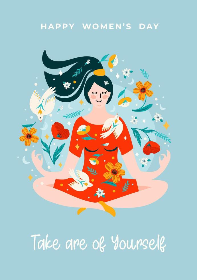 Illustration with meditating woman, flowers and birds. Vector design concept for International Women s Day and other use