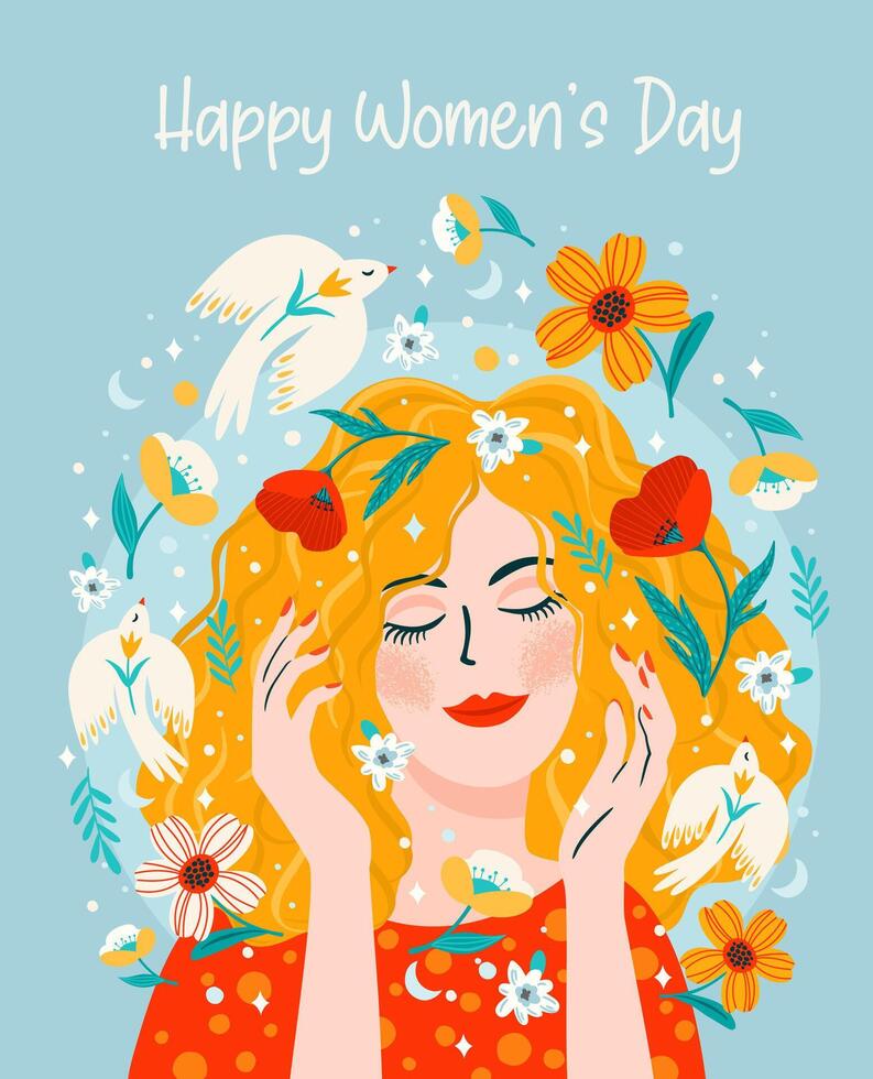ilustración con mujer, flores y aves. vector diseño concepto para internacional mujer s día y otro utilizar