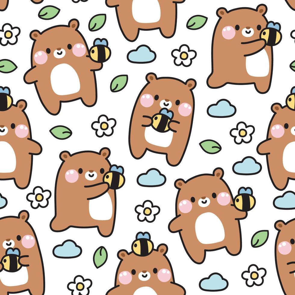 Seamless pattern of cute teddy bear with bee in various poses on white background.Wild animal character cartoon design.Kid graphic.Leaf,flower,cloud hand drawn.Kawaii.Vector.Illustration vector