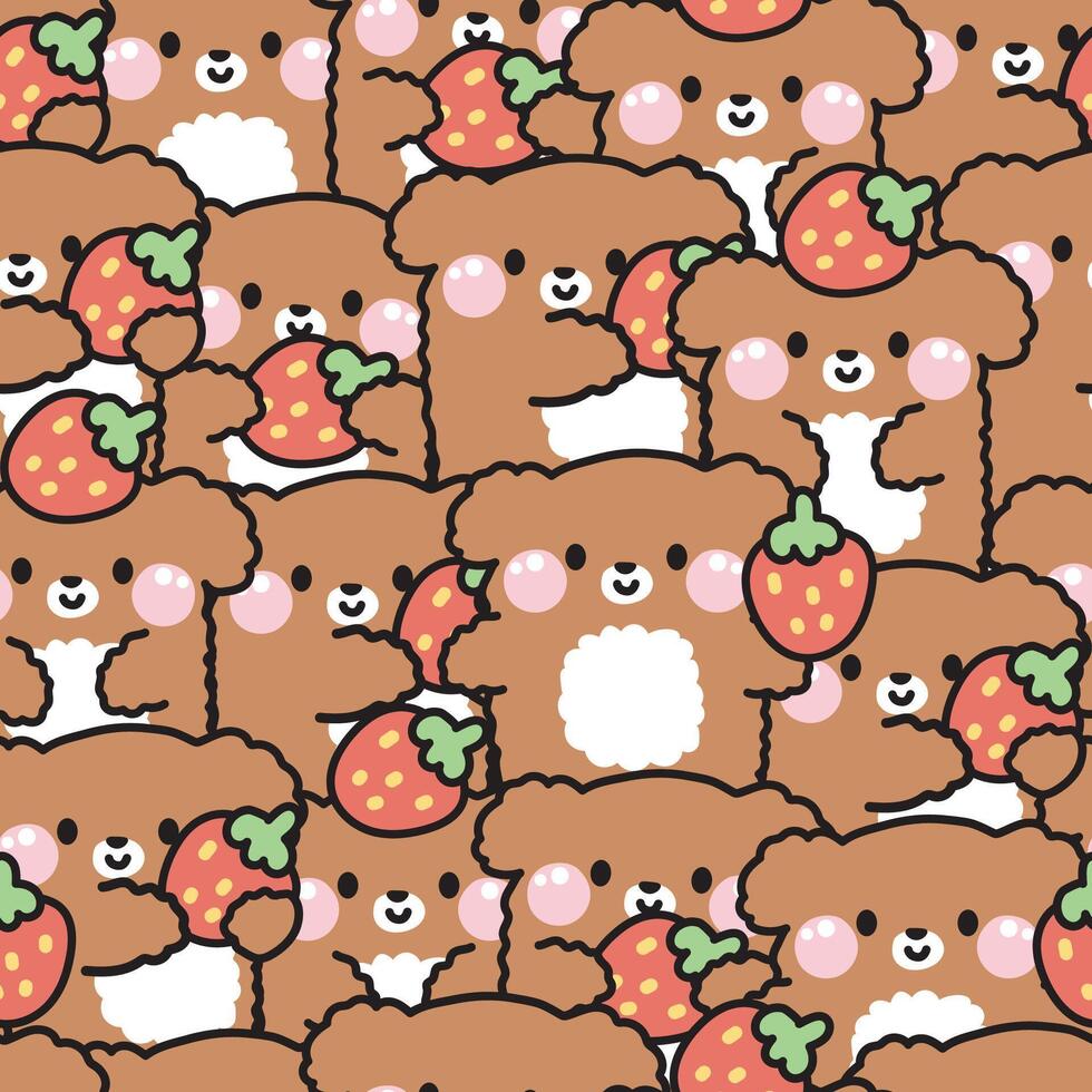 Repeat.Seamless pattern of cute smile dog with strawberry in various poses background.Pet animal character cartoon design collection.Kid graphic.Fruit.Kawaii.Vector.Illustration vector