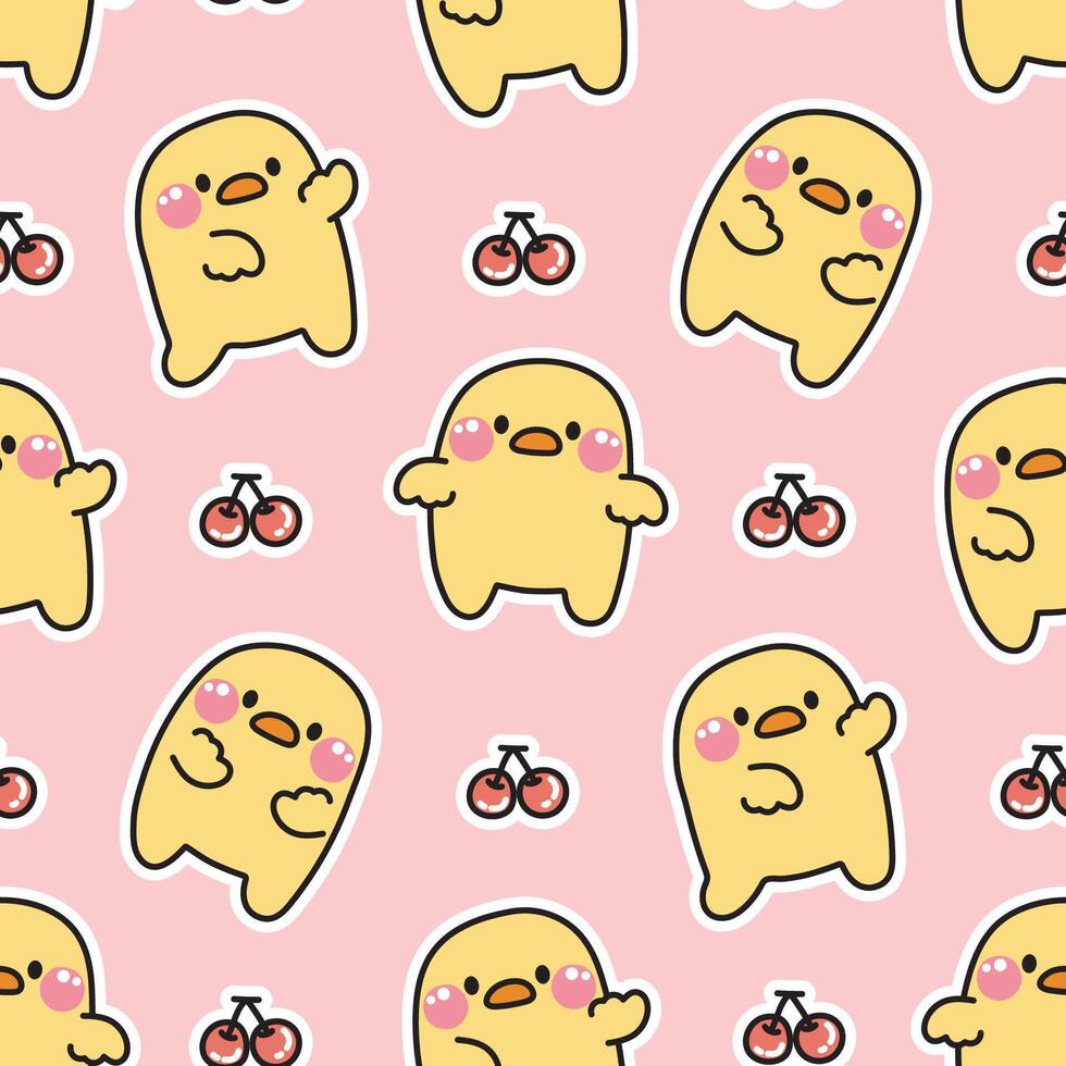 Seamless pattern of cute chicken with cherry in various poses on pink background.Farm animal character cartoon design.Kid graphic.Fruit.Baby clothing.Kawaii.Vector.illustration. vector