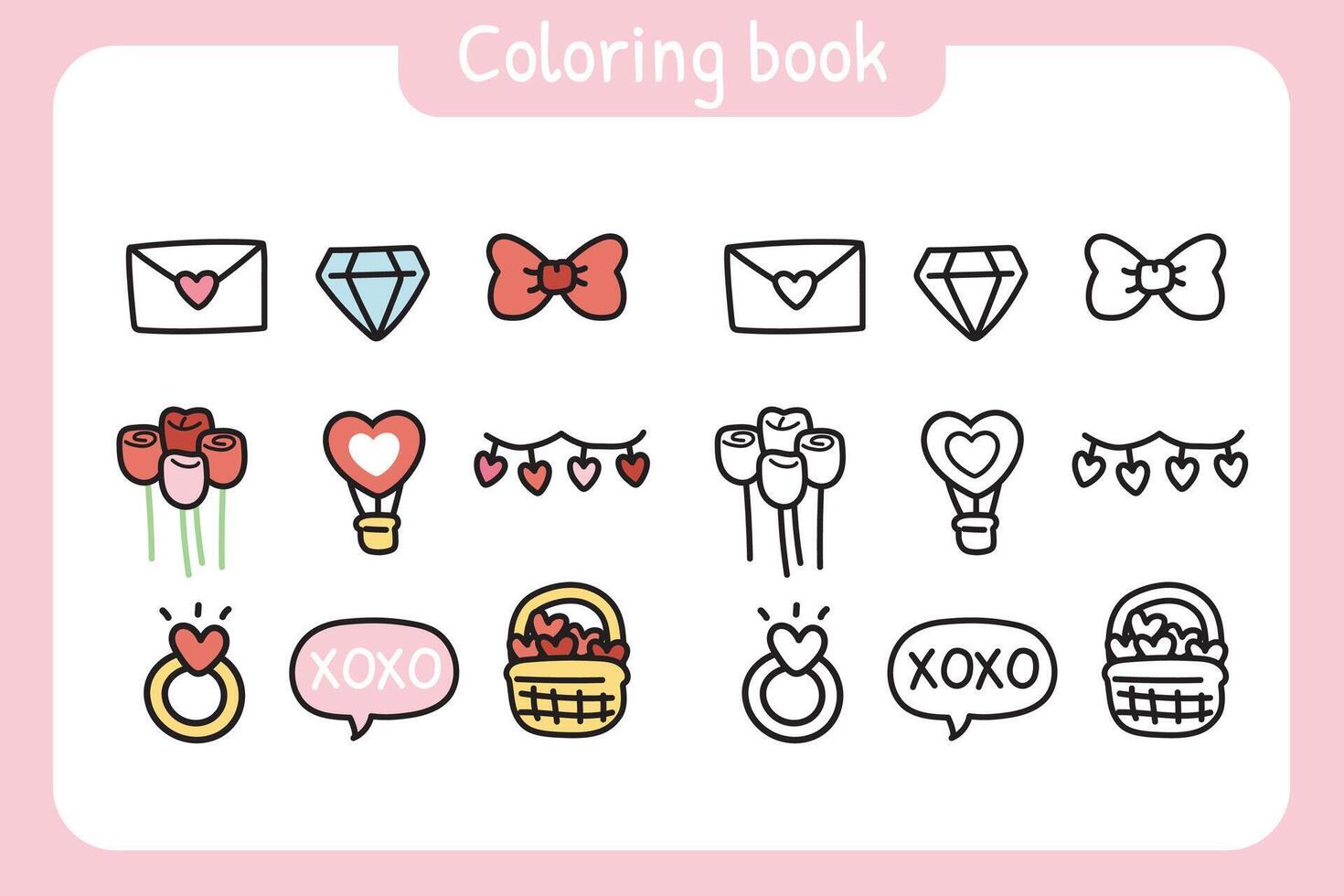 Coloring book.Painting book for kid.Cute icon in valentines day concept.Cartoon hand drawn design.School student.Art.Heart,diamond,bow,ring,rose.Kawaii.Vector.Illustration. vector