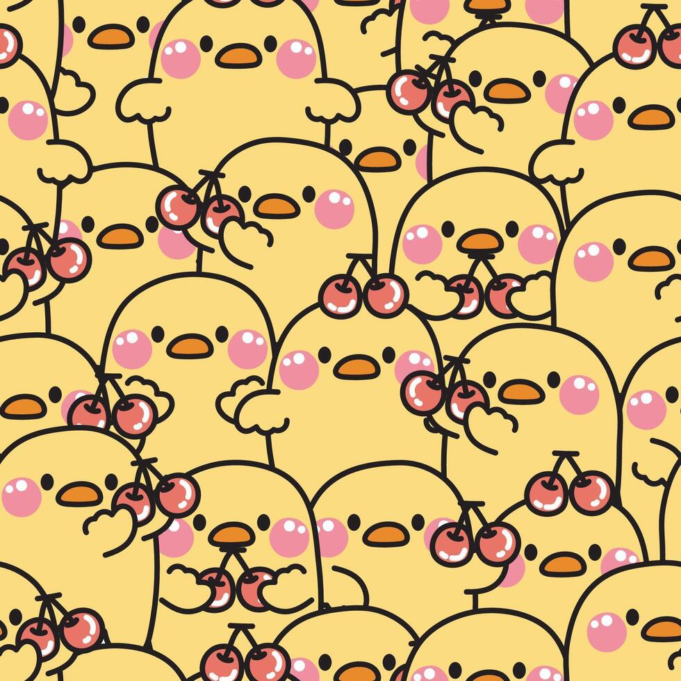 Repeat.Seamless pattern of cute chicken with cherry in various poses background.Farm animal character cartoon design.Kid graphic.Fruit.Baby clothing.Kawaii.Vector.illustration. vector