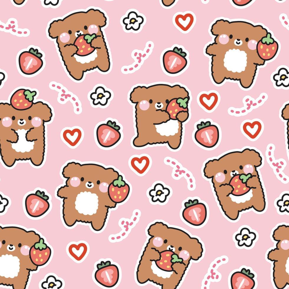 Seamless pasttern of cute smile dog with strawberry in various poses on pink background.Pet animal character cartoon design.Heart.Flower.Kawaii.Vector.Illustration vector