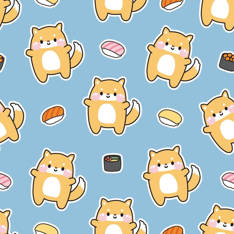 sin costura modelo de linda shiba inu perro con varios Sushi fondo.japonés mascota animal personaje dibujos animados diseño.imagen para Tarjeta, cartel, bebé ropa,kawaii.vector.ilustracion. vector