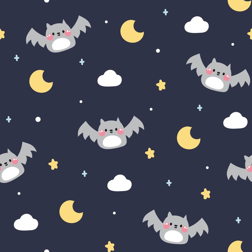 Seamless pattern of cute bat flying on night sky background.Animal character cartoon design.Moon,cloud,star hand drawn.Baby clothing.Kawaii.Vector.illustration. vector