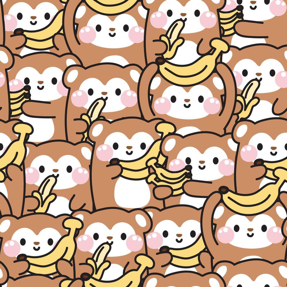 Repeat.Seamless pattern of cute monkey with banana in various poses on white background.Wild animal character cartoon design collection.Image for card,poster,baby clothing.Kawaii.Vector.Illustration. vector