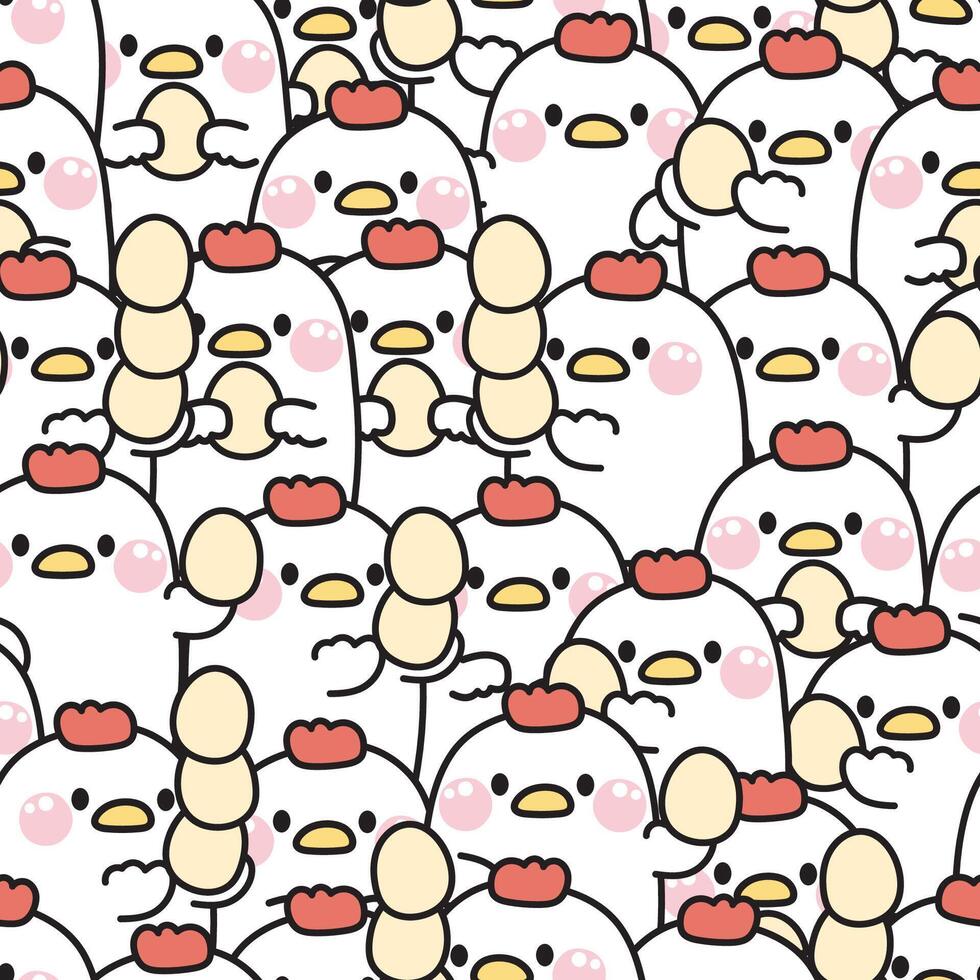 Repeat.Seamless pattern of cute hen with egg in various poses background.Farm animal character cartoon design.Kid graphic.Image for baby clothing,card,stcker.Bird.Kawaii.Vector.Illustration vector