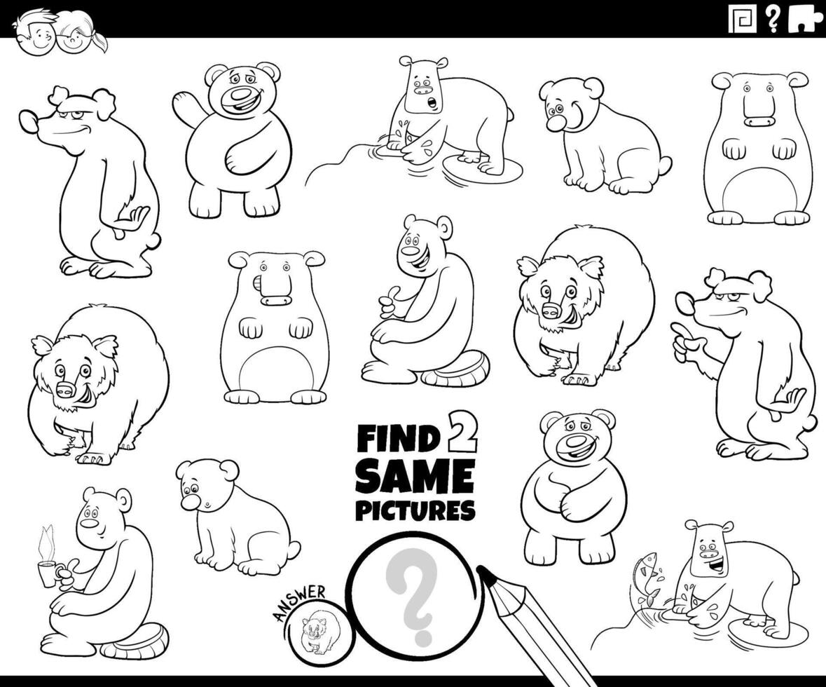 find two same cartoon bears activity coloring page vector