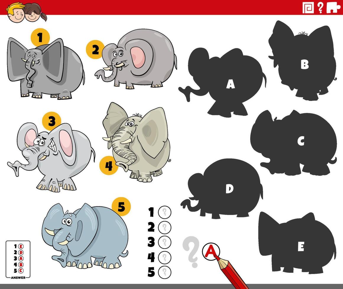 finding shadows activity with cartoon elephants animals vector