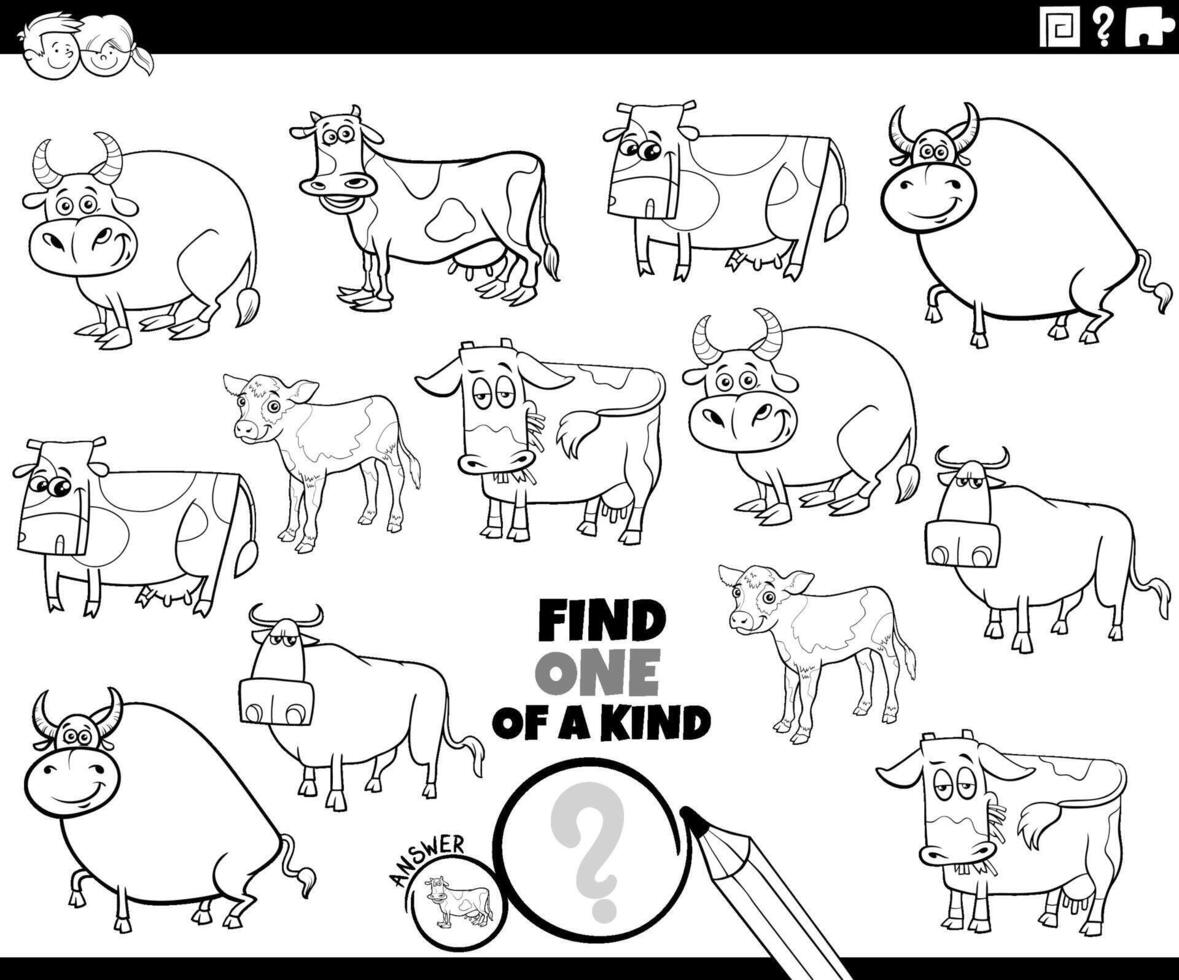 uno de un tipo juego con dibujos animados vacas granja animales colorante página vector