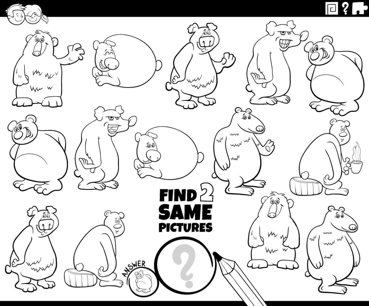 find two same cartoon bears game coloring page vector