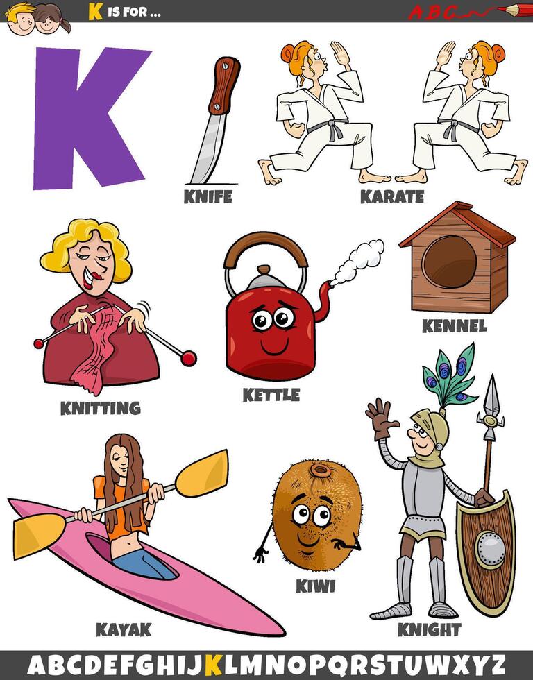 Letter K set with cartoon objects and characters vector