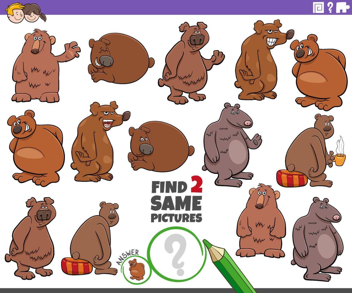 encontrar dos mismo dibujos animados osos animal caracteres juego vector