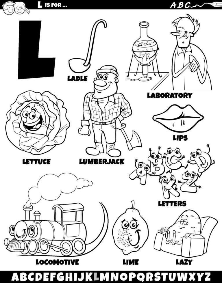 Letter L set with cartoon objects and characters coloring page vector