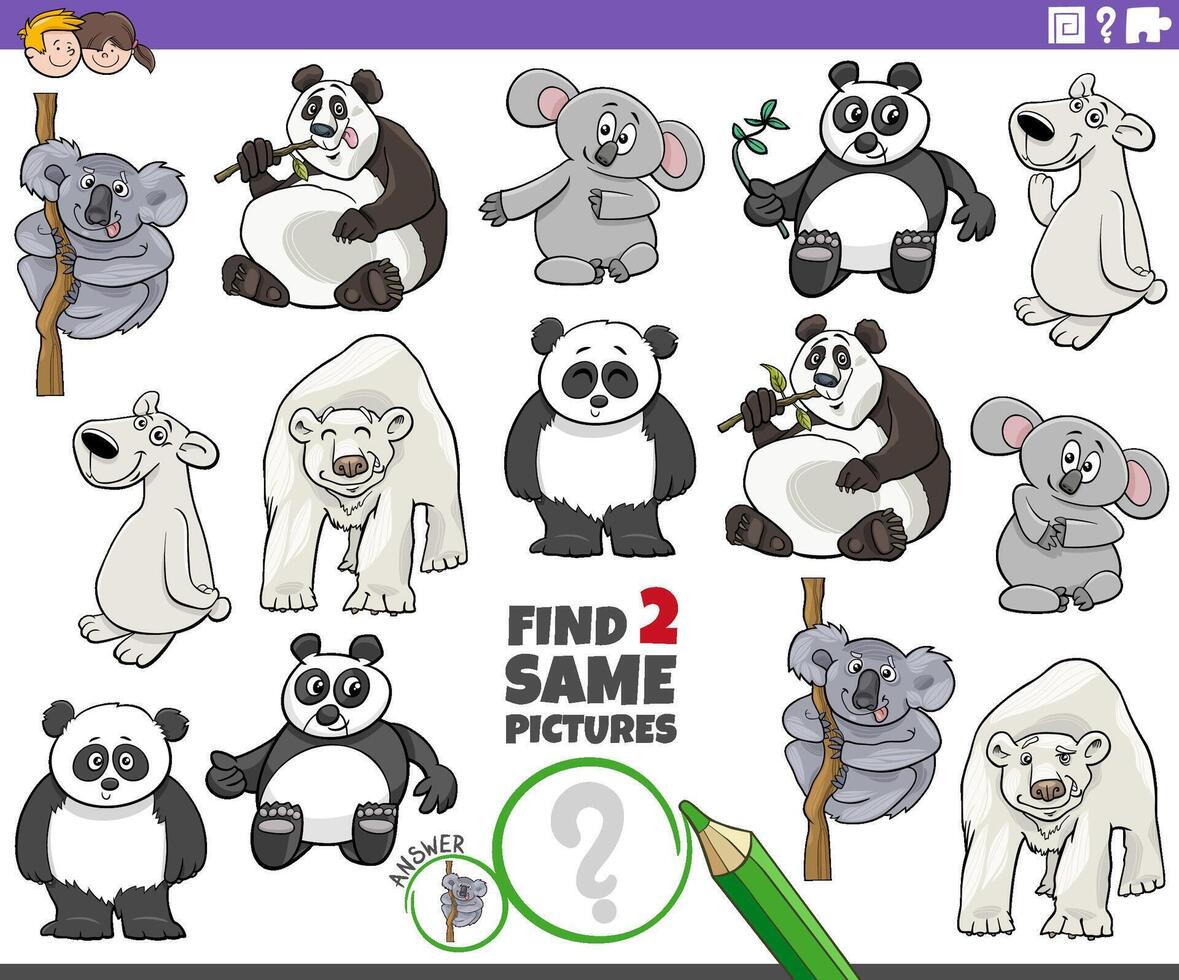 find two same cartoon wild bears animal characters game vector