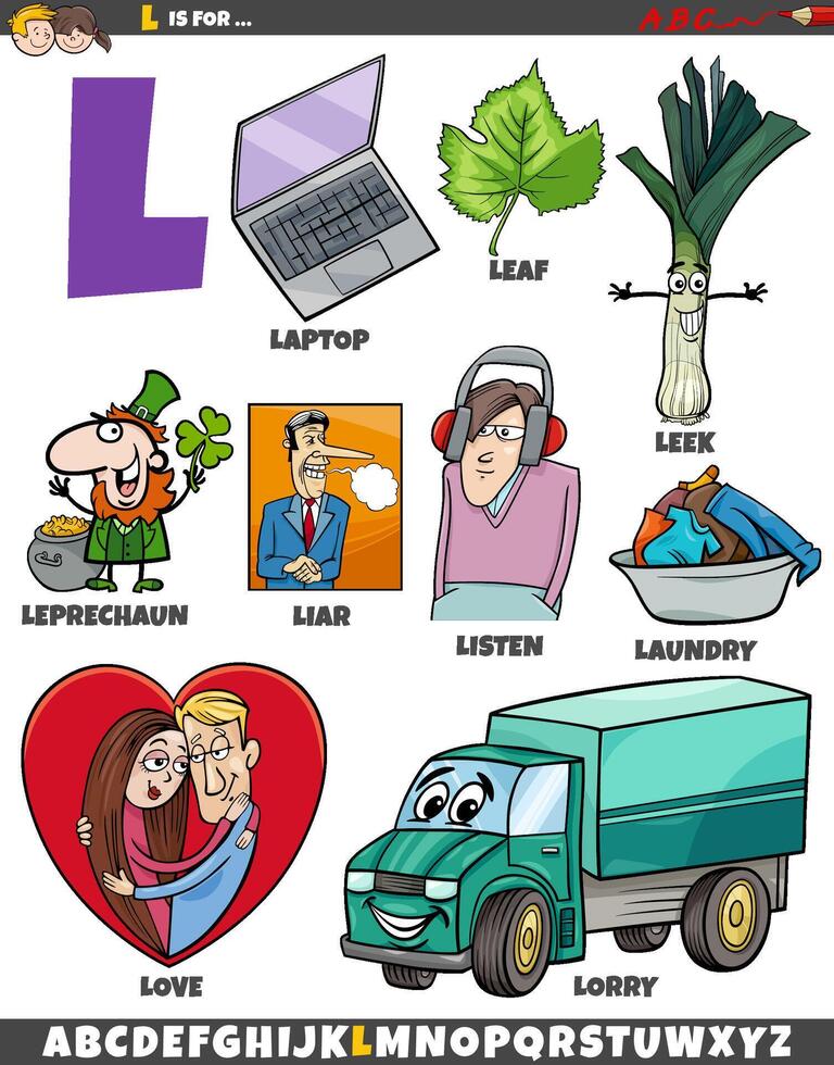 Letter L set with cartoon objects and characters vector