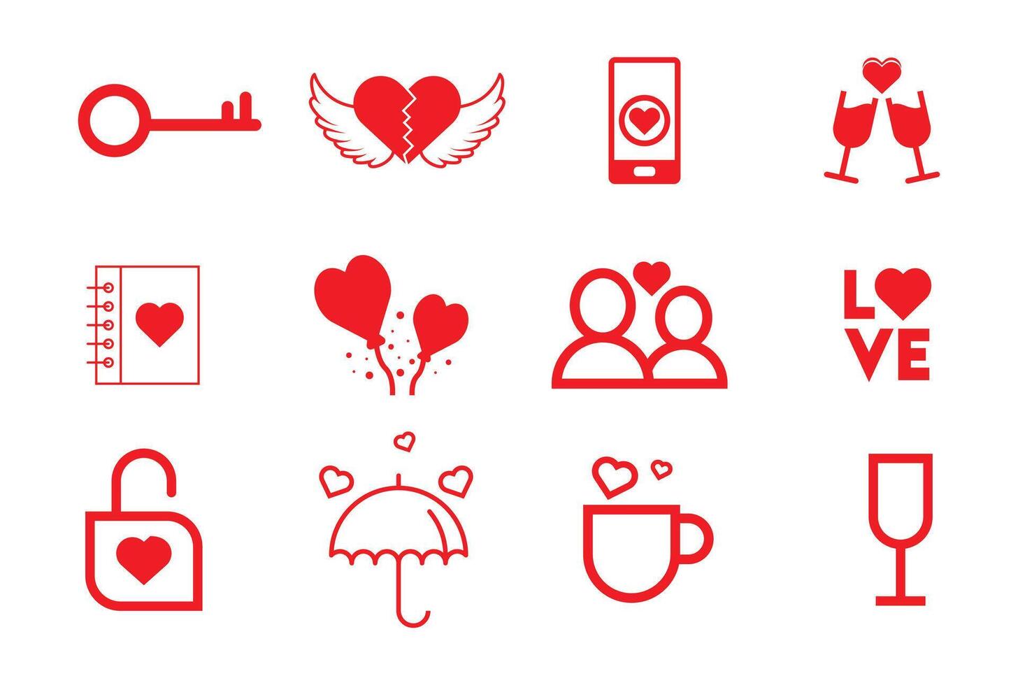 valentines day icon set. heart, romantic and love symbols. isolated vector images in flat style design Template in white background.