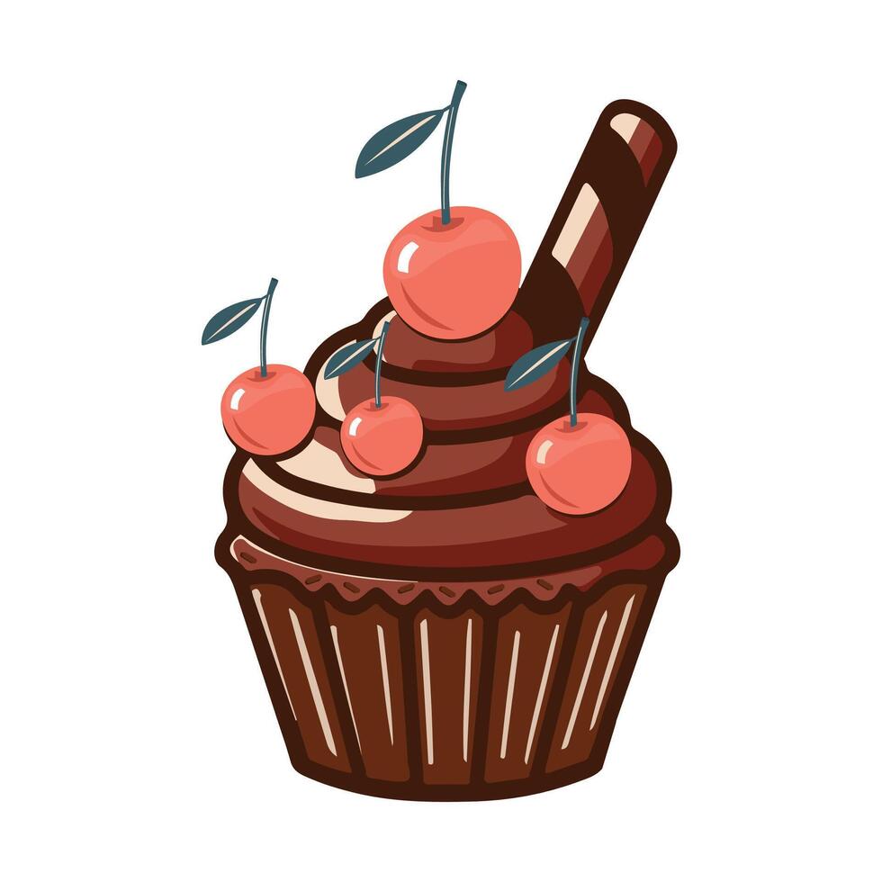 Big chocolate cupcake with cherry vector