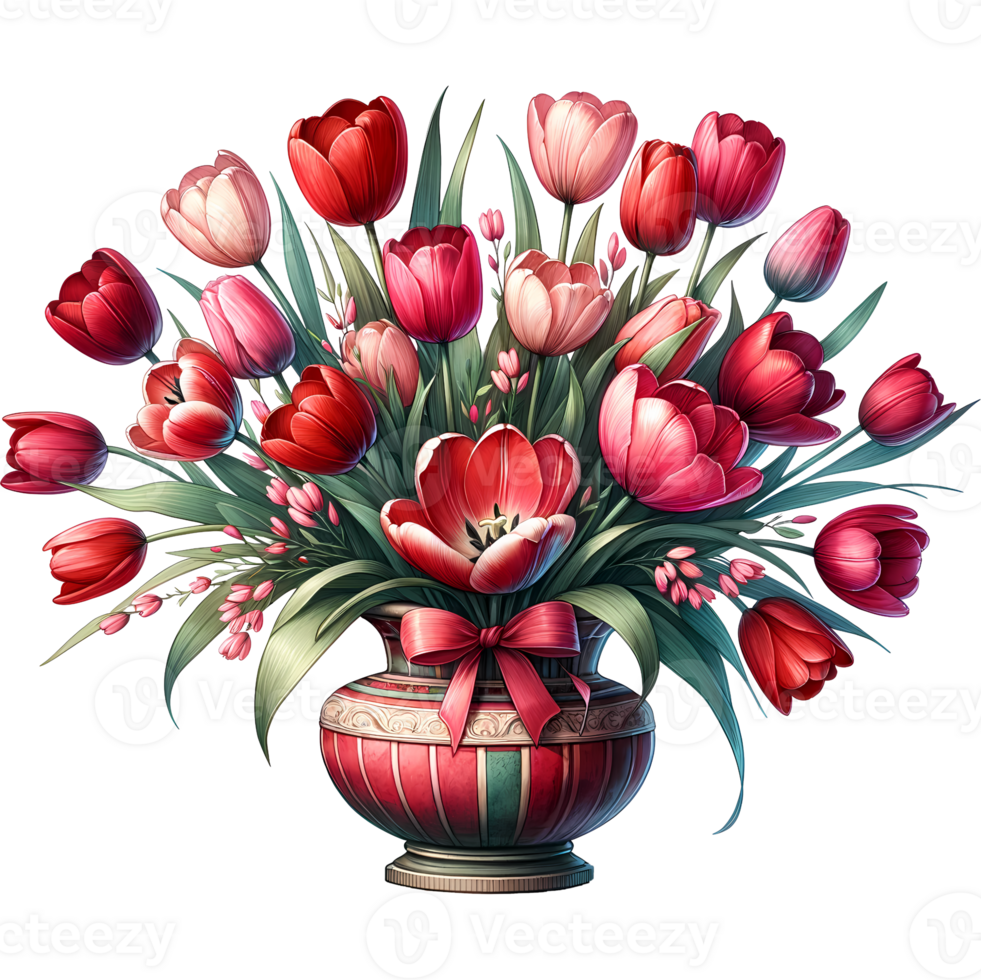 ai gegenereerd boeket van tulpen in vaas voor verloving, huwelijk, of bruiloft en Valentijnsdag dag png