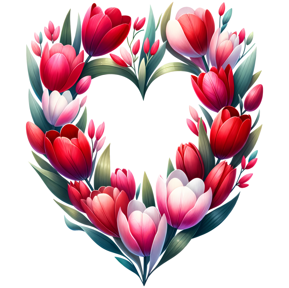 AI generated A beautiful heart shaped floral wreath with tulips for engagement, marriage, or wedding and valentine day png