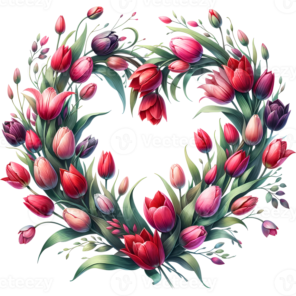 AI generated A beautiful heart shaped floral wreath with tulips for engagement, marriage, or wedding and valentine day png