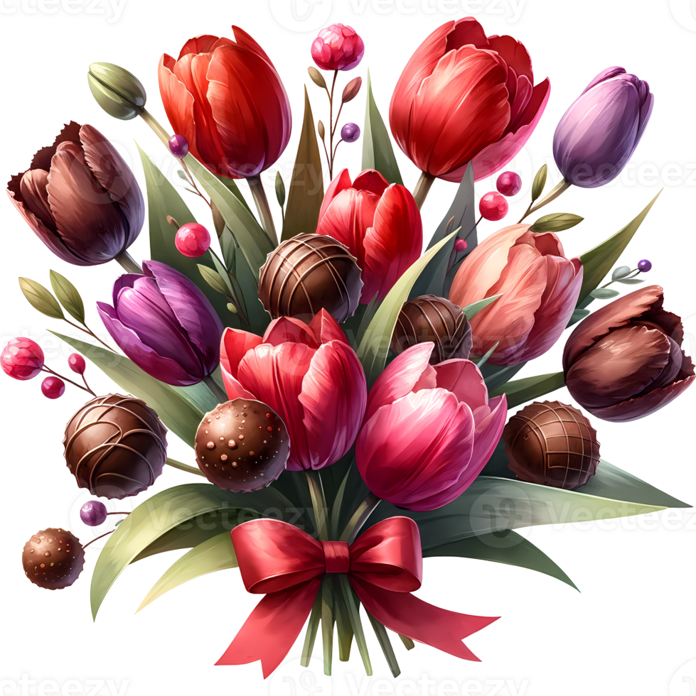 AI generated a bouquet of tulips with chocolate for engagement, marriage, or wedding and Valentine's day png