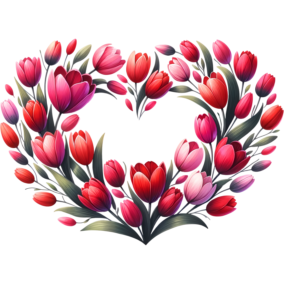 AI generated A beautiful heart shaped floral wreath with tulips for engagement, marriage, or wedding and valentine day png