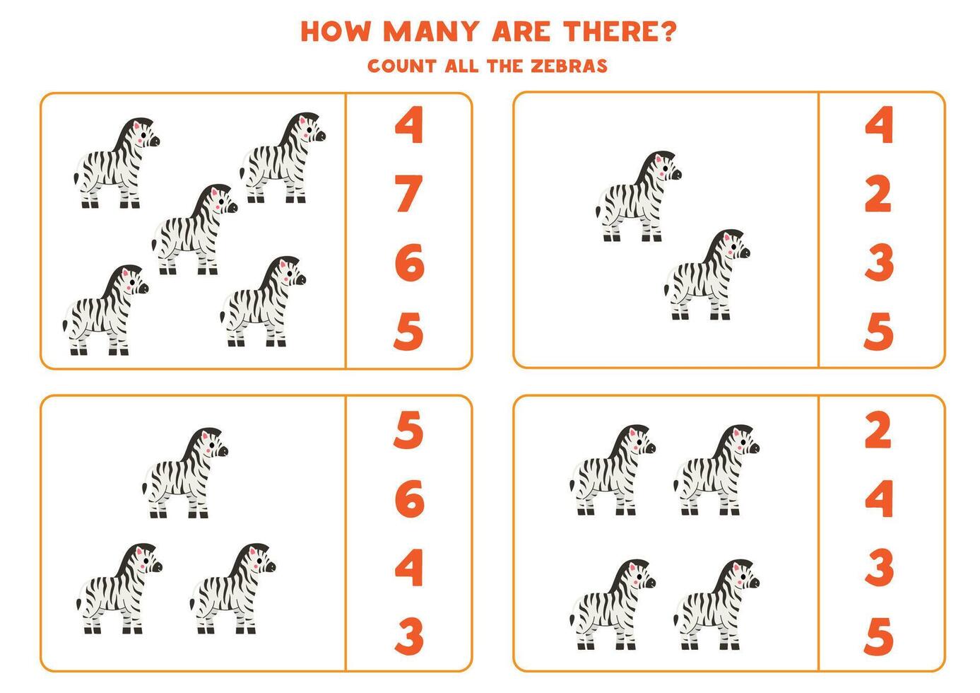 Counting game with cartoon zebras. Educational worksheet. vector
