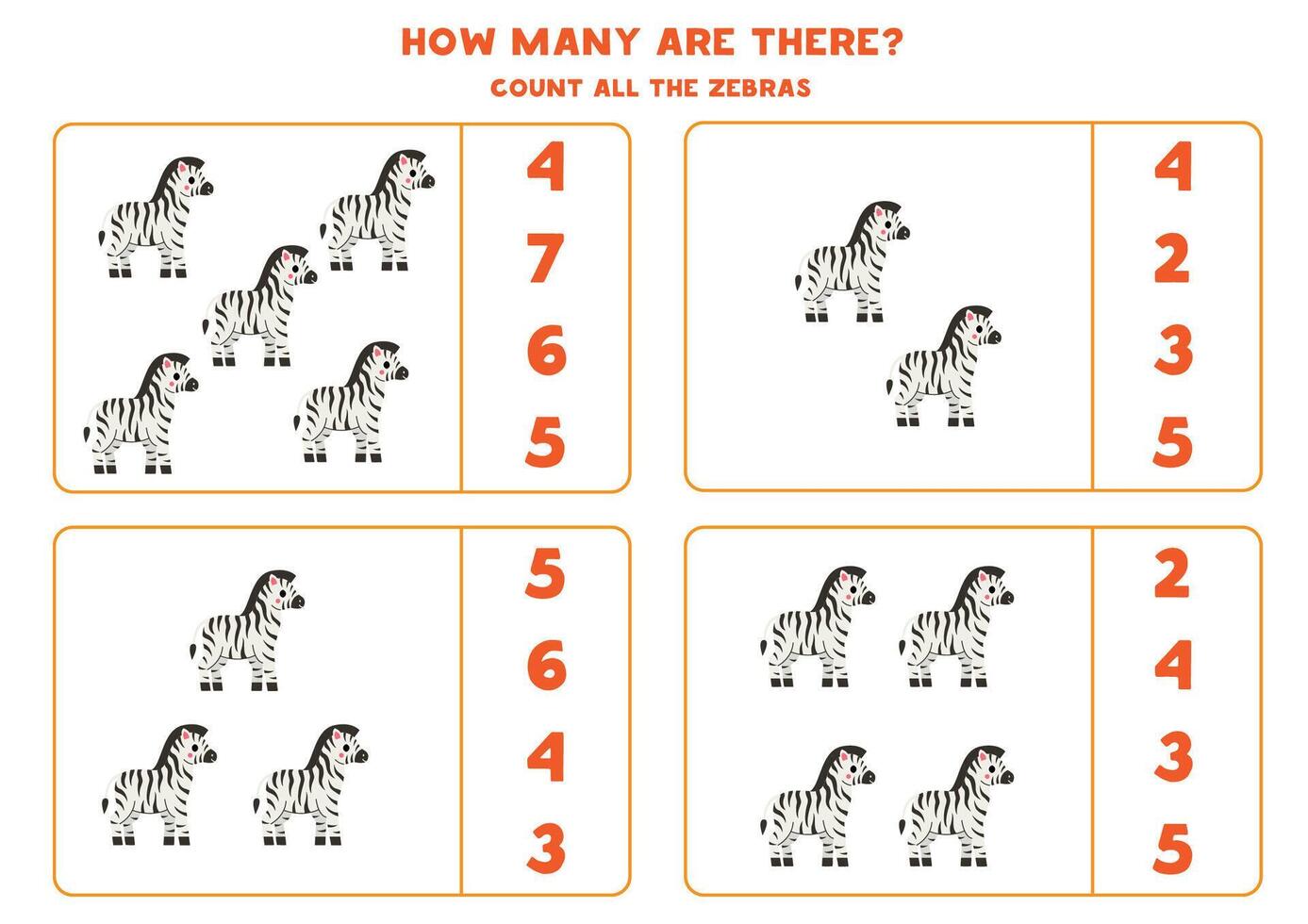 Counting game with cartoon zebras. Educational worksheet. vector