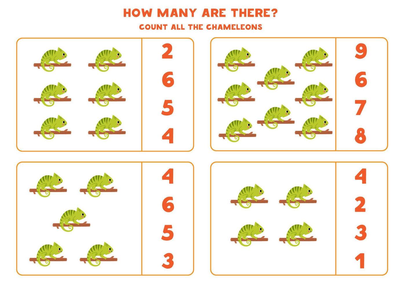 Counting game with cartoon green chameleons. Educational worksheet. vector