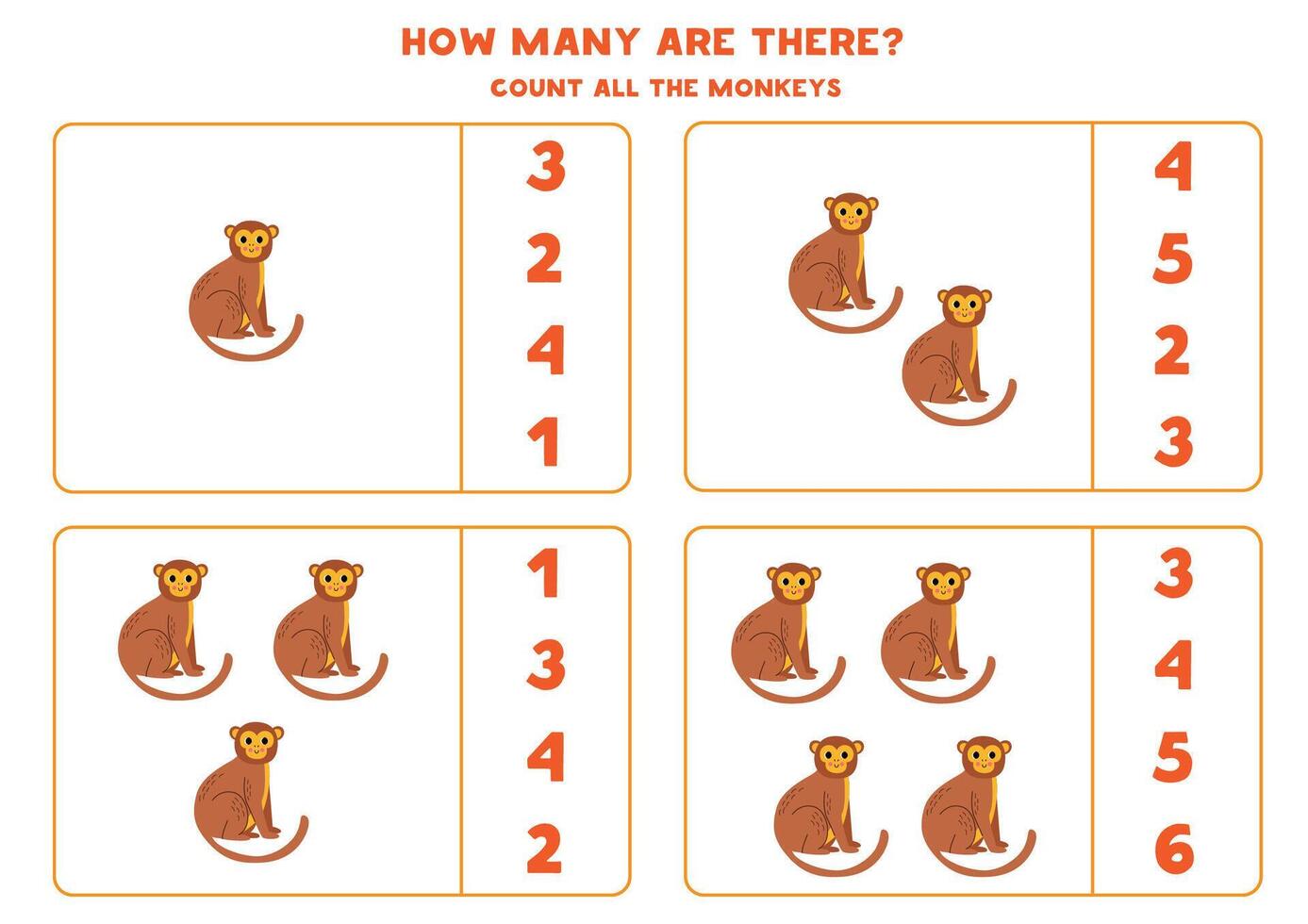 Counting game with cartoon monkeys. Educational worksheet. vector