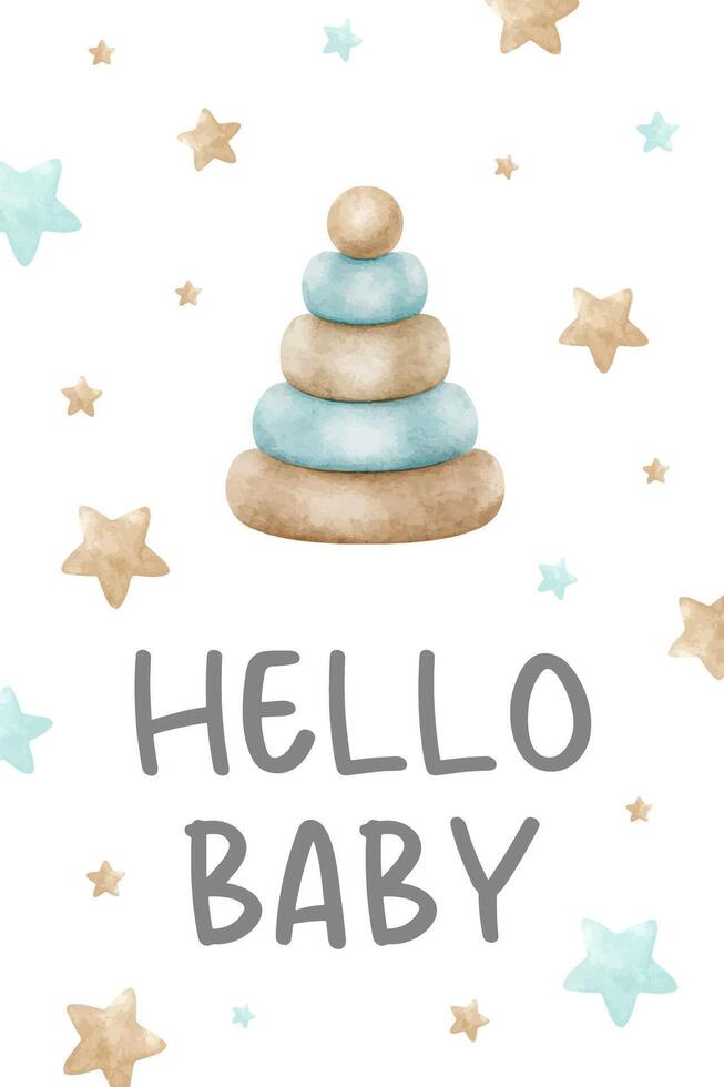 Baby shower invitation. Hello baby inscription. Greeting card with Children's pyramid and stars. New born boy celebration. Cute poster for children room. Watercolor hand drawn illustration. vector