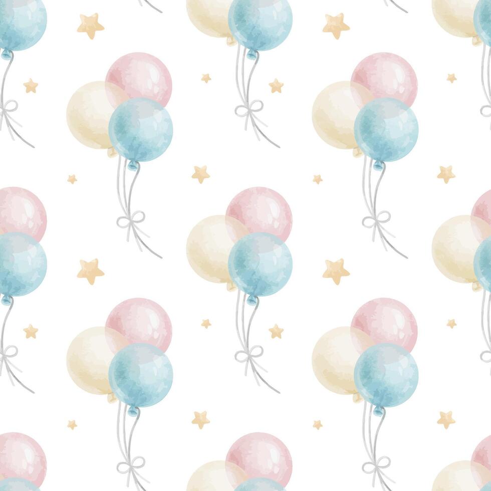 Flying round pink, blue balloons, stars. Cute baby's background. Watercolor seamless pattern of pastel color for children's good, baby's room design, invitation, kid's textile, clothing, scrapbooking vector