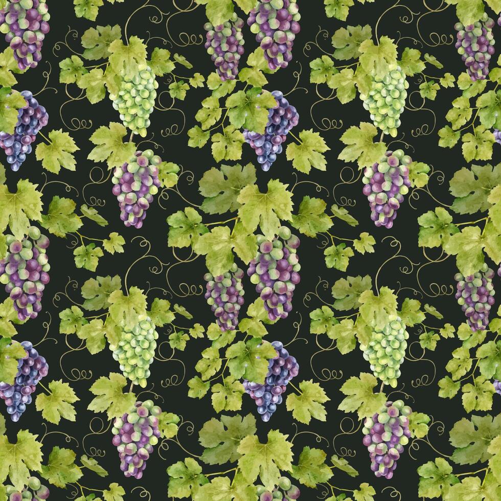 A bunch of red grapes, vines with leaves. Watercolor seamless pa vector